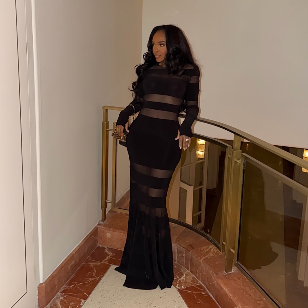 Norma Kamali Black Sheer-Panel Long-Sleeve Maxi Gown